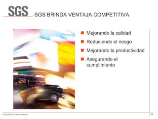 SGS BRINDA VENTAJA COMPETITIVA


                                                     Mejorando la calidad
                                                     Reduciendo el riesgo
                                                     Mejorando la productividad
                                                     Asegurando el
                                                      cumplimiento




© SGS SA 2009. ALL RIGHTS RESERVED.                                                46
 