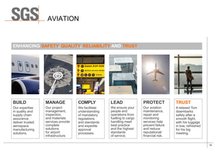 19
AVIATION
PROTECT
Our aviation
maintenance,
repair and
monitoring
services help
prevent failure
and reduce
reputational/
financial risk.
TRUST
A relaxed Tom
disembarks
safely after a
smooth flight,
with his luggage
in tow, refreshed
for his big
meeting.
ENHANCING SAFETY, QUALITY, RELIABILITY AND TRUST
BUILD
Our expertise
in quality and
supply chain
assurance
deliver trusted
aerospace
manufacturing
solutions.
LEAD
We ensure your
people and
operations from
fuelling to cargo
handling meet
best practice
and the highest
standards
of service.
MANAGE
Our project
management,
inspection,
and materials
services provide
complete
solutions
for airport
infrastructure.
COMPLY
We facilitate
understanding
of mandatory
regulations
and standards
and expedite
approval
processes.
 