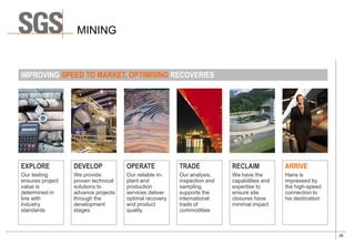 28
MINING
EXPLORE
Our testing
ensures project
value is
determined in
line with
industry
standards
DEVELOP
We provide
proven technical
solutions to
advance projects
through the
development
stages
OPERATE
Our reliable in-
plant and
production
services deliver
optimal recovery
and product
quality
TRADE
Our analysis,
inspection and
sampling
supports the
international
trade of
commodities
RECLAIM
We have the
capabilities and
expertise to
ensure site
closures have
minimal impact
IMPROVING SPEED TO MARKET, OPTIMISING RECOVERIES
ARRIVE
Hans is
impressed by
the high-speed
connection to
his destination
 