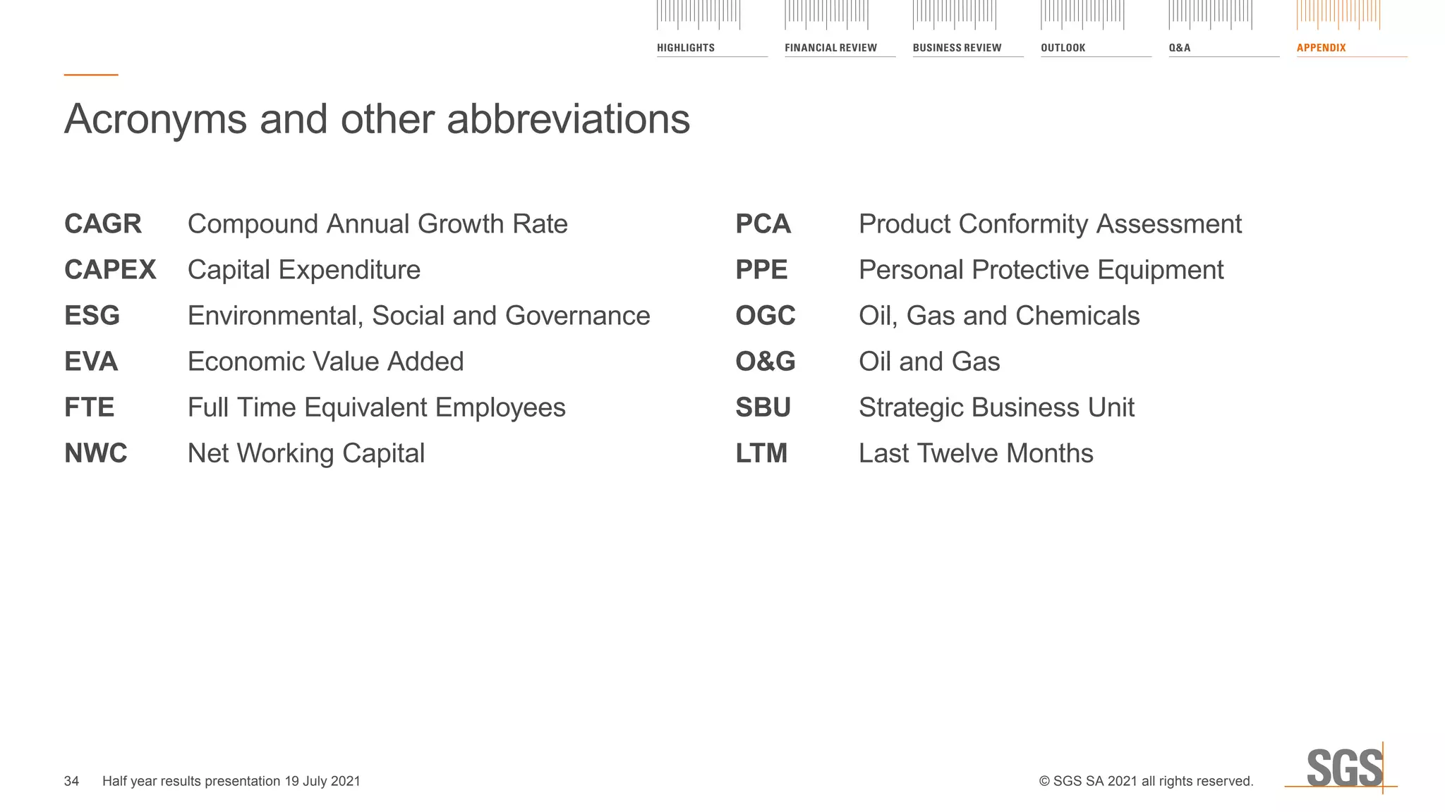 CAGR	 Compound Annual Growth Rate
CAPEX	 Capital Expenditure
ESG 	 Environmental, Social and Governance
EVA	 Economic Value Added
FTE 	 Full Time Equivalent Employees
NWC	 Net Working Capital
PCA	 Product Conformity Assessment
PPE	 Personal Protective Equipment
OGC	 Oil, Gas and Chemicals
OG 	 Oil and Gas
SBU 	 Strategic Business Unit
LTM 	 Last Twelve Months
Acronyms and other abbreviations
34
HIGHLIGHTS FINANCIAL REVIEW BUSINESS REVIEW OUTLOOK QA APPENDIX
Half year results presentation 19 July 2021 © SGS SA 2021 all rights reserved.
 