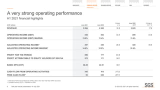 A very strong operating performance
H1 2021 financial highlights
(CHF million) June 2021 June 2020
Change
in %
June 2020
CCY1
Change in
CCY 1
%
REVENUE 3 094 2 650 16.8 2 625 17.9
OPERATING INCOME (EBIT) 430 302 42.4 299 43.8
OPERATING INCOME (EBIT) MARGIN 13.9% 11.4% 11.4%
ADJUSTED OPERATING INCOME* 457 330 38.5 325 40.6
ADJUSTED OPERATING INCOME MARGIN* 14.8% 12.5% 12.4%
PROFIT FOR THE PERIOD 290 177 63.8
PROFIT ATTRIBUTABLE TO EQUITY HOLDERS OF SGS SA 272 171 59.1
BASIC EPS (CHF) 36.29 22.81 59.1
CASH FLOW FROM OPERATING ACTIVITIES 342 413 (17.2)
FREE CASH FLOW* 93 220 (57.7)
*	 Alternative Performance Measures (APM), refer to the ‘2021 Half Year APM’ document
1.	Constant currency (CCY) – Definition in APM
HIGHLIGHTS FINANCIAL REVIEW
HIGHLIGHTS
BUSINESS REVIEW OUTLOOK Q&A APPENDIX
8 © SGS SA 2021 all rights reserved.
Half year results presentation 19 July 2021
 