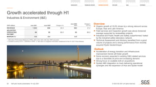 Overview
	
■ Organic growth of 10.0% driven by a strong rebound across
Europe, Asia and Latin America
	
■ Field services and Inspection growth was above divisional
average supported by renewables projects 
	
■ Industrial and Public Health and Safety outperformed, fueled
by the industrial safety laboratory network
	
■ Technical Assessment and Advisory benefited from a good
volume of projects and a strong performance from recently
acquired Ryobi Geotechnique
Outlook
	
■ Acceleration of energy transition and infrastructure
improvement trends will foster growth
	
■ Some recovery expected in existing OG related services
due to a favorable oil price and increasing demand
	
■ Strong focus on scalable bolt-on acquisitions
	
■ Synlab AS integration on track delivering operational
synergies and the expansion of Hub and Spoke model
Growth accelerated through H1
Industries  Environment (IE)
(CHF million) June 2021 June 20202
Change in %
June 2020
CCY1
Change in
CCY %1
REVENUE 1 033 859 20.3 852 21.2
ADJUSTED
OPERATING
INCOME*
99 55 80.0 55 80.0
MARGIN %* 9.6 6.4 6.5
*	 Alternative Performance Measures (APM), refer to the ‘2021 Half Year APM’ document
1.	
Constant currency (CCY) – Definition in APM – 2. See note 2 on Segment information restatement of the HY 2021 Press Release
25
HIGHLIGHTS FINANCIAL REVIEW BUSINESS REVIEW OUTLOOK QA APPENDIX
Half year results presentation 19 July 2021 © SGS SA 2021 all rights reserved.
 