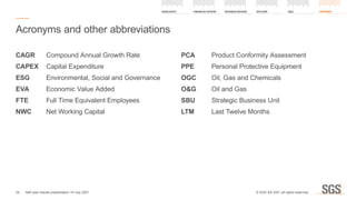 CAGR	 Compound Annual Growth Rate
CAPEX	 Capital Expenditure
ESG 	 Environmental, Social and Governance
EVA	 Economic Value Added
FTE 	 Full Time Equivalent Employees
NWC	 Net Working Capital
PCA	 Product Conformity Assessment
PPE	 Personal Protective Equipment
OGC	 Oil, Gas and Chemicals
OG 	 Oil and Gas
SBU 	 Strategic Business Unit
LTM 	 Last Twelve Months
Acronyms and other abbreviations
34
HIGHLIGHTS FINANCIAL REVIEW BUSINESS REVIEW OUTLOOK QA APPENDIX
Half year results presentation 19 July 2021 © SGS SA 2021 all rights reserved.
 
