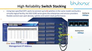 16
High Reliability Switch Stacking
 Using two specified SFP+ ports to connect up to 6 switches in the same model and build a
virtually logical facility, the SGS-5240 series gives the enterprises and service providers
flexible control over port density, uplinks and switch stack performance.
Single IP Management,
up to 6 units
Stacking Up
10Gbps
Stacking Down
10Gbps
One Web Interface with Single
Management IP Address
 