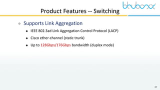 27
Product Features -- Switching
 Supports Link Aggregation
 IEEE 802.3ad Link Aggregation Control Protocol (LACP)
 Cisco ether-channel (static trunk)
 Up to 128Gbps/176Gbps bandwidth (duplex mode)
 