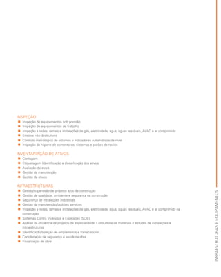 INFRAESTRUTURASEEQUIPAMENTOS
INSPEÇÃO
„„ Inspeção de equipamentos sob pressão
„„ Inspeção de equipamentos de trabalho
„„ Inspeção a redes, ramais e instalações de gás, eletricidade, água, águas residuais, AVAC e ar comprimido
„„ Ensaios não-destrutivos
„„ Controlo metrológico de volumes e indicadores automáticos de nível
„„ Inspeção da higiene de contentores, cisternas e porões de navios
INVENTARIAÇÃO DE ATIVOS
„„ Contagem
„„ Etiquetagem (identificação e classificação dos ativos)
„„ Avaliação de stock
„„ Gestão da manutenção
„„ Gestão de ativos
INFRAESTRUTURAS
„„ Gestão/supervisão de projetos e/ou de construção
„„ Gestão de qualidade, ambiente e segurança na construção
„„ Segurança de instalações industriais
„„ Gestão da manutenção/facilities services
„„ Inspeção a redes, ramais e instalações de gás, eletricidade, água, águas residuais, AVAC e ar comprimido na
construção
„„ Sistemas Contra Incêndios e Explosões (SCIE)
„„ Análise da eficiência de projetos de especialidade: Consultoria de materiais e estudos de instalações e
infraestruturas
„„ Identificação/seleção de empreiteiros e fornecedores
„„ Coordenação de segurança e saúde na obra
„„ Fiscalização de obra
 