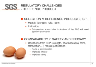 REGULATORY CHALLENGES
- REFERENCE PRODUCT
SELECTION of REFERENCE PRODUCT (RBP)
• Market (Europe / US / Both)
• Indication
– Extrapolation across other indications of the RBP will need
scientific justification
26© SGS SA 2015 ALL RIGHTS RESERVED
COMPARABILITY in SAFETY AND EFFICACY
• Deviations from RBP (strength, pharmaceutical form,
formulation,…) require justification
– Route of administration
– Improved efficacy
– Improved safety
 