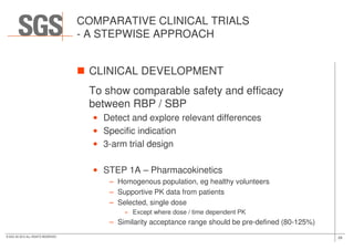 COMPARATIVE CLINICAL TRIALS
- A STEPWISE APPROACH
CLINICAL DEVELOPMENT
To show comparable safety and efficacy
between RBP / SBP
• Detect and explore relevant differences
•
29© SGS SA 2015 ALL RIGHTS RESERVED
• Specific indication
• 3-arm trial design
• STEP 1A – Pharmacokinetics
– Homogenous population, eg healthy volunteers
– Supportive PK data from patients
– Selected, single dose
» Except where dose / time dependent PK
– Similarity acceptance range should be pre-defined (80-125%)
 