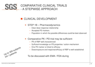 COMPARATIVE CLINICAL TRIALS
- A STEPWISE APPROACH
CLINICAL DEVELOPMENT
• STEP 1B – Pharmacodynamics
– Clear dose response relationship
– Accepted PD markers
– Population in which the possible differences could be best observed
30© SGS SA 2015 ALL RIGHTS RESERVED
– Population in which the possible differences could be best observed
• Comparative PK / PD trial may be sufficient
– PK of RBP well characterized
– Sufficient knowledge on PD properties / action mechanism
– One PD marker is linked to efficacy
– Dose/exposure and response/efficacy of RBP is well established
To be discussed with EMA / FDA during Scientific Advise
 
