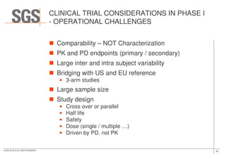 CLINICAL TRIAL CONSIDERATIONS IN PHASE I
- OPERATIONAL CHALLENGES
Comparability – NOT Characterization
PK and PD endpoints (primary / secondary)
Large inter and intra subject variability
Bridging with US and EU reference
• 3-arm studies
32© SGS SA 2015 ALL RIGHTS RESERVED
• 3-arm studies
Large sample size
Study design
• Cross over or parallel
• Half life
• Safety
• Dose (single / multiple …)
• Driven by PD, not PK
 