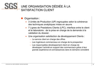 UNE ORGANISATION DÉDIÉE À LA
SATISFACTION CLIENT
 Organisation :
 3 Unités de Production (UP) regroupées selon la cohérence
des techniques analytiques mises en œuvre
 7 Lignes de Prestations Clients (LPC), interface entre le client
et le laboratoire : de la prise en charge de la demande à la
validation du dossier.
 Une organisation satisfaction de développement Clients :
– Le service client en charge des offres
– Les Ingénieurs commerciaux en charge de la prospection
– Les responsables développement client en charge de
développer l’activité en support des commerciaux grâce à leur
grande expérience et connaissances dans le domaine considéré

© SGS SA 2013 ALL RIGHTS RESERVED. SGS MULTILAB ROUEN

10

 