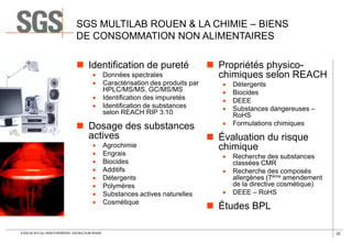 SGS MULTILAB ROUEN & LA CHIMIE – BIENS
DE CONSOMMATION NON ALIMENTAIRES
 Identification de pureté





Données spectrales
Caractérisation des produits par
HPLC/MS/MS, GC/MS/MS
Identification des impuretés
Identification de substances
selon REACH RIP 3.10

 Dosage des substances
actives









© SGS SA 2013 ALL RIGHTS RESERVED. SGS MULTILAB ROUEN

Agrochimie
Engrais
Biocides
Additifs
Détergents
Polymères
Substances actives naturelles
Cosmétique

 Propriétés physicochimiques selon REACH






Détergents
Biocides
DEEE
Substances dangereuses –
RoHS
Formulations chimiques

 Évaluation du risque
chimique




Recherche des substances
classées CMR
Recherche des composés
allergènes (7ème amendement
de la directive cosmétique)
DEEE – RoHS

 Études BPL
25

 