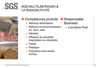 SGS MULTILAB ROUEN &
LA RADIOACTIVITÉ

 Compétences produits  Responsable
 Matrices alimentaires
Business
 Matrices environnementales :
air, eaux, sols…
 Déchets
 Effluents de procédés
hospitaliers ou industriels
 Papier
 Plastique
 Polymères sous toutes
formes

© SGS SA 2013 ALL RIGHTS RESERVED. SGS MULTILAB ROUEN

 Lise-Marie Puel

28

 