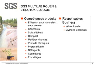 SGS MULTILAB ROUEN &
L’ÉCOTOXICOLOGIE

 Compétences produits  Responsables
 Effluents, eaux naturelles,
Business









© SGS SA 2013 ALL RIGHTS RESERVED. SGS MULTILAB ROUEN

eaux de mer
Sédiments
Sols, déchets
Compost
Matières vivantes
Produits chimiques
Phytosanitaire
Détergents
Cosmétique
Emballages

 Aline Jourdan
 Aymeric Bellemain

30

 