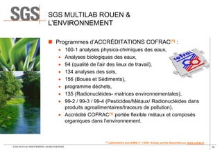 SGS MULTILAB ROUEN &
L’ENVIRONNEMENT
 Programmes d’ACCRÉDITATIONS COFRAC(1) :









100-1 analyses physico-chimiques des eaux,
Analyses biologiques des eaux,
94 (qualité de l'air des lieux de travail),
134 analyses des sols,
156 (Boues et Sédiments),
programme déchets,
135 (Radionucléides- matrices environnementales),
99-2 / 99-3 / 99-4 (Pesticides/Métaux/ Radionucléides dans
produits agroalimentaires/traceurs de pollution).
 Accrédité COFRAC(1) portée flexible métaux et composés
organiques dans l’environnement.

(1)

© SGS SA 2013 ALL RIGHTS RESERVED. SGS MULTILAB ROUEN

Laboratoire accrédité n° 1-0281. Essais, portée disponible sur www.cofrac.fr
34

 