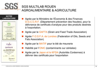 SGS MULTILAB ROUEN
AGROALIMENTAIRE & AGRICULTURE
NOTRE
LABORATOIRE

 Agrée par le Ministère de l’Économie & des Finances
D.G.C.C.R.F. (Département prévention des fraudes), pour la
délivrance de certificats d’analyse pour des produits destinés
à l’exportation.
 Agrée par le GAFTA (Grain and Feed Trade Association)
 Agrée F.O.S.F.A. de Londres (Federation of Oils, Seeds and
Fats Association)
 Agrée par le MATIF pour le blé de meunerie
 Habilité par l’ONIC (contaminants sur céréales)
 Agrée par le Japon et le KFDA (Autorités Coréennes) à
délivrer des certificats pour l’exportation

© SGS SA 2013 ALL RIGHTS RESERVED. SGS MULTILAB ROUEN

38

 