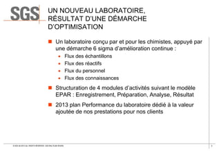 UN NOUVEAU LABORATOIRE,
RÉSULTAT D’UNE DÉMARCHE
D’OPTIMISATION
 Un laboratoire conçu par et pour les chimistes, appuyé par
une démarche 6 sigma d’amélioration continue :





Flux des échantillons
Flux des réactifs
Flux du personnel
Flux des connaissances

 Structuration de 4 modules d’activités suivant le modèle
EPAR : Enregistrement, Préparation, Analyse, Résultat
 2013 plan Performance du laboratoire dédié à la valeur
ajoutée de nos prestations pour nos clients

© SGS SA 2013 ALL RIGHTS RESERVED. SGS MULTILAB ROUEN

7

 