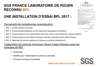 SGS FRANCE LABORATOIRE DE ROUEN
RECONNU BPL
UNE INSTALLATION D’ESSAI BPL 2017 :
Domaine(s) de compétences revendiqué(s) :
 BPL 1 : Essais physico-chimiques
 BPL 4 : Etudes écotoxicologiques sur les organismes aquatiques et terrestres
 BPL 5 : Etudes portant sur le comportement dans l'eau, dans le sol et dans l'air ; bioaccumulation
 BPL 6 : Etudes portant sur les résidus (préciser si études Laboratoires et/ou plein champ )
 BPL 8 : Méthodes de chimie analytique et cliniques (y compris métabolisme)
Catégorie(s) de produits chimiques faisant l’objet d’études selon les
principes de BPL :
 Pesticides
 Additifs pour l’alimentation humaine et animale
 Produits chimiques industriels
 