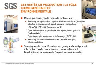 15© SGS SA 2018 ALL RIGHTS RESERVED. SGS FRANCE – LABORATOIRE DE ROUEN
LES UNITÉS DE PRODUCTION : LE PÔLE
CHIMIE MINÉRALE ET
ENVIRONNEMENTALE
 Regroupe deux grands types de techniques :
 Techniques spectrales : spectroscopie atomique (isotopes
stables et instables) et spectroscopie moléculaire
ICP/AES, ICP-MS, fluorescence X
Spectrométrie isotopes instables alpha, beta, gamma
(radioactivité)
Spectroscopie moléculaire: infrarouge (IRFT), UV
 Techniques liées aux bio-essais : écotoxicologie,
biodégradation
 S’applique à la caractérisation inorganique de tout produit,
à la recherche de contaminants, micropolluants, à
l’évaluation et la mesure de l’impact environnemental.
 