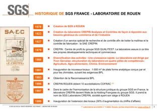 2© SGS SA 2018 ALL RIGHTS RESERVED. SGS FRANCE – LABORATOIRE DE ROUEN
HISTORIQUE DE SGS FRANCE - LABORATOIRE DE ROUEN
 Création de SGS à ROUEN
 Création du laboratoire CREPIN Analyses et Contrôles de façon à répondre aux
besoins généraux du commerce et de l’industrie
 Création d’un service spécial de recherche et de contrôle afin de traiter la maîtrise et le
contrôle de fabrication : la SAE CREPIN
 CREPIN : Centre de profit du groupe SGS QUALITEST. Le laboratoire assure à ce titre
ses propres développements techniques et commerciaux
 Diversification des activités : Une croissance rapide. Le laboratoire est dirigé par
Yvon Gervaise; structuration du laboratoire en quatre pôles de compétences :
Agriculture, Agro-alimentaire, Chimie, Environnement
 Inauguration de nouveaux locaux : 1 000 m² de plate forme analytique conçus par et
pour les chimistes, suivant les exigences BPL
 Obtention de la Reconnaissance BPL
 CREPIN ROUEN obtient 10 accréditations COFRAC (1)
 Dans le cadre de l’harmonisation de la structure juridique du groupe SGS en France, le
laboratoire CREPIN devient filiale de la Holding Française du groupe SGS. Il prend le
nom de SGS Laboratoire CREPIN, société ayant son siège à ROUEN
 Inauguration de l’extension des locaux (30% d’augmentation du chiffre d’affaire)
(1) Laboratoire accrédité n° 1-6464. Essais, portée disponible sur www.cofrac.fr
1878
1923
1927
1976
1988
1991
1993
1996
1997
1999
 