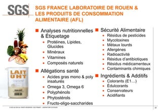 22© SGS SA 2018 ALL RIGHTS RESERVED. SGS FRANCE – LABORATOIRE DE ROUEN
SGS FRANCE LABORATOIRE DE ROUEN &
LES PRODUITS DE CONSOMMATION
ALIMENTAIRE (AFL)
 Analyses nutritionnelles
& Étiquetage
 Protéines, Lipides,
Glucides
 Minéraux
 Vitamines
 Composés naturels
 Allégations santé
 Acides gras mono & poly
insaturés
 Omega 3, Omega 6
 Polyphénols
 Phytostérols
 Fructo-oligo-saccharides
 Sécurité Alimentaire
 Résidus de pesticides
 Mycotoxines
 Métaux lourds
 Allergènes
 Radioactivité
 Résidus d’antibiotiques
 Résidus médicamenteux
 Contaminants chimiques
 Ingrédients & Additifs
 Colorants (E1…)
 Édulcorants
 Conservateurs
 Acidifiants
 