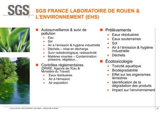 27© SGS SA 2018 ALL RIGHTS RESERVED. SGS FRANCE – LABORATOIRE DE ROUEN
SGS FRANCE LABORATOIRE DE ROUEN &
L’ENVIRONNEMENT (EHS)
 Autosurveillance & suivi de
pollution
 Eau
 Sol
 Air à l’émission & hygiène industrielle
 Déchets – mise en décharge
 Suivi radioécologique, radioactivité
 Matières vivantes – Contamination :
poissons, végétaux…
 Contrôles réglementaires
(DRIRE, Agence de l’Eau &
Ministère du Travail)
 Eaux résiduaires
 Air à l’émission
 Air exposition
 Prélèvements
 Eaux résiduaires
 Eaux souterraines
 Sol
 Air à l’émission & hygiène
industrielle
 Déchets
 Écotoxicologie
 Toxicité aquatique
 Biodégradabilité
 Effet sur les organismes
terrestres
 Identification de la
dégradation des produits
 Impact sur l’environnement
 