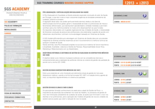 2013              2013




                                                                                                                                                       jan.




                                                                                                                                                                         DEZ.
                                 SGS training courses Making change happen


                                      PÓS-GRADUAÇÃO / ESPECIALIZAÇÃO em QUALIDADE NA SAÚDe
                                      A Pós-Graduação em Qualidade na Saúde pretende responder à evolução do setor da Saúde           220 horas | 2.100€
                                      em Portugal, o qual tem vindo a impor crescentes exigências às entidades prestadoras de
                                      cuidados, públicos e privados.
SGS ACADEMY®                          A regulação deste setor, de caráter particularmente sensível, aliada a uma fase de              lISBOA Início 22 fev
                                      reestruturação económica global, geram a necessidade de dotar os profissionais de meios e
polos de formação                     ferramentas diferenciados, que representem aplicabilidade e utilidade imediatas e permitam
                                      contribuir para uma melhoria evidente no modo como desempenham as suas funções.
ModalidadeS                           Os requisitos relacionados com a gestão organizacional das Unidades de Saúde, a necessidade




                                 S3
                                      de fomentar a evolução da postura dos profissionais e de sistematizar a gestão de acordo com
Cursos                                referenciais reconhecidos, culminam numa abordagem baseada em Sistemas de Gestão.
 qualidade
                                      A SGS Academy® entende que a abordagem por Sistemas de Gestão deve ser concretizada
 ambiente e Gestão florestal          integrando as diversas vertentes essenciais ao bom funcionamento e à melhoria contínua de
                                      qualquer Unidade de Saúde.
 segurança e Saúde no Trabalho
                                      Nesse sentindo, esta Pós-Graduação engloba na sua estrutura matérias de fulcral importância
 responsabilidade social              e atualidade: Qualidade; Liderança e Gestão de Pessoas; Responsabilidade Social; Ética;
                                      Marketing e Relacionamento com os Stakeholders.
 sistemas integrados de gestão
 investigação,                        AUDITORIAS INTERNAS A SISTEMAS DE GESTÃO DA QUALIDADE DE DISPOSITIVOS MÉDICOS
 desenvolvimento e inovação           ISO 13485
 Gestão do risco, Segurança                                                                                                           32 horas | 640€
 da Informação e Continuidade         O objetivo deste curso intensivo é preparar auditores com as competências técnicas e
                                 S4




 do Negócio                           comportamentais para a realização de auditorias internas ao sistema de gestão da qualidade de
 Energia e 		                         acordo com a norma ISO 13485.
 Construção Sustentável                                                                                                               lISBOA 8-9-15-16 abr | 8-9-15-16 out
 Saúde, Dispositivos Médicos                                                                                                          Porto    8-9-15-16 abr | 8-9-15-16 out
 e Boas Práticas de Fabrico
 alimentar
                                      GESTÃO DO RISCO DISPOSITIVOS MÉDICOS ISO 14971
 Automóvel -		
 Indústria e Peritagem                Este curso pretende ser uma introdução aos elementos-chave da gestão do risco para              8 horas | 180€
 engenharia industrial                dispositivos médicos, usando a norma harmonizada ISO 14971 e à relação entre a gestão de
                                 S5




                                      risco, os requisitos regulamentares e o sistema da qualidade.
 Respostas Sociais                                                                                                                    lISBOA 25 fev | 25 out
 Management & Soft Skills                                                                                                             Porto    25 fev | 25 out

 Formação e Gestão de Pessoas
                                      GESTÃO DO RISCO CLÍNICO E NÃO CLÍNICO
 Gestão Comercial e Vendas
                                      Os participantes tomarão conhecimento do papel para o papel da Gestão de Risco, a               8 horas | 180€
                                      importância da prevenção dos acidentes nos locais de trabalho, os processos de gestão do
Ficha de INSCRIçÃO
                                 S6




                                      risco nas instituições prestadoras de cuidados de saúde, as ações que minimizem o risco nos
percursos Formativos                  doentes e nos profissionais, para a aplicação dos modelos de gestão de risco às unidades de     lISBOA 20 mai | 23 set
                                      saúde e para as ações que visem a redução do risco na saúde.
                                                                                                                                      Porto    20 mai | 23 set
Contactos


www.sgs.pt/portugalacademy                                        Anterior                                    37                                Próximo
 