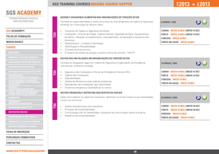 2013             2013




                                                                                                                                                          jan.




                                                                                                                                                                           DEZ.
                                 SGS training courses Making change happen


                                       HIGIENE E SEGURANÇA ALIMENTAR NAS ORGANIZAÇÕES DO TERCEIRO SETOR
                                       Conheça as responsabilidades e saiba como atuar ao nível da garantia da higiene e segurança       8 horas | 130€
                                       alimentar em Instituições do Terceiro Setor.

SGS ACADEMY®                           ••   Conceitos de Higiene e Segurança Alimentar;                                                  lISBOA Início 10 mai | Início 13 dez




                                 TS4
                                       ••   Instalações. Controlo de Pragas. Higiene Pessoal. Qualidade da Água. Equipamentos            Porto   Início 10 mai | Início 13 dez
polos de formação                           de fabrico. Receção, armazenamento, manuseamento, conservação e transporte dos
                                                                                                                                         Funchal Início 10 mai
                                            alimentos;
ModalidadeS                                                                                                                              Ponta Delgada Início 10 mai
                                       ••   Resíduos/lixos - Limpeza e Desinfeção;
Cursos                                 ••   Identificação e Rastreabilidade;
                                       ••   Conceito de Autocontrolo;
 qualidade                             ••   O sistema de análise de perigos e pontos críticos de controlo - HACCP.

 ambiente e Gestão florestal
                                       GESTÃO DAS INSTALAÇÕES EM ORGANIZAÇÕES DO TERCEIRO SETOR
 segurança e Saúde no Trabalho         Conheça as obrigações legais em matéria de Segurança e organização da emergência,                 16 horas | 180€
 responsabilidade social               manutenção, ambiente e energia.

                                                                                                                                         lISBOA Início 18 mai | Início 14 dez
                                 TS5




 sistemas integrados de gestão         ••   Segurança das Instalações e Planos de Emergência Internos (PEI);
 investigação,                         ••   Higiene das Instalações;                                                                     Porto   Início 18 mai | Início 14 dez
 desenvolvimento e inovação            ••   Acessibilidades;
 Gestão do risco, Segurança                                                                                                              Funchal Início 18 mai
 da Informação e Continuidade          ••   Gestão de Resíduos e boas práticas ambientais;
 do Negócio                                                                                                                              Ponta Delgada Início 18 mai
                                       ••   Manutenção das instalações: gás, eletricidade;
 Energia e 		                          ••   Eficiência energética e Qualidade do Ar Interior.
 Construção Sustentável
 Saúde, Dispositivos Médicos           GESTÃO FINANCEIRA E REPORTING NAS RESPOSTAS SOCIAIS
 e Boas Práticas de Fabrico
 alimentar                             Saiba como elaborar os relatórios financeiros, identificar os pontos chave na sua interpretação   24 horas | 250€
                                       e como os comunicar.
 Automóvel -		
 Indústria e Peritagem
                                 TS6




                                       ••   Gestão financeira para não financeiros;                                                      lISBOA Início 25 mai | Início 20 dez
 engenharia industrial
                                       ••   Princípios de Sustentabilidade;                                                              Porto   Início 25 mai | Início 20 dez
 Respostas Sociais                     ••   Comunicação com os Stakeholders: processos de comunicação interna e externa;
                                                                                                                                         Funchal Início 25 mai
 Management & Soft Skills              ••   Relatórios de Sustentabilidade.
                                                                                                                                         Ponta Delgada Início 25 mai
 Formação e Gestão de Pessoas

 Gestão Comercial e Vendas

Ficha de INSCRIçÃO

percursos Formativos

Contactos


www.sgs.pt/portugalacademy                                          Anterior                                      48                               Próximo
 