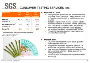 CONSUMER TESTING SERVICES (CTS)
 CHF million                    June          June     June                 Overview H1 2011
                                2011          2010     2010                      Steady revenue growth over last year driven mainly
                                                    2
                                           Pro-forma Published                    by France, Spain, Germany, Turkey, USA and most
                                                                                  of the Asian countries both for traditional and new
 Revenue                        387.5           357.3             407.3           services.
 Change in %                                       8.5             (4.9)         Tempered improvement in world economy aided in
 Adj. Operating Inc.      (1)
                                 91.4            88.4             102.3           increased volume in all business sectors, particularly
 Change in %                                       3.4            (10.7)
                                                                                  food, photovoltaic, microelectronics and reliability.
                                                                                 Investment (capital projects and staff additions)
             1
 Margin %                        23.6            24.7              25.1           increased as foundation being laid for 2014 Plan.
(1)
                                                                                 Product mix transition between maturing and new
    Before amortisation of acquisition intangibles, transaction                   services affecting margin.
    and integration-related costs
(2)
    Constant currency basis


                                                                            Outlook 2011
                                                                                 Cautiously optimistic on full year results given the
                                                                                  order pipeline at end of H1.
                                                                                 Market share expansion with key accounts in US
                                                                                  and Europe, particularly softlines and hardgoods.
                                                                                 New service and laboratory investments expected to
                                                                                  start generating returns in H2 (e.g. automotive,
                                                                                  battery technologies).
                                                                                 Positive outlook in Wireless with introduction of new
                                                                                  technology.

Financial community – 15 July 2011                                                                                                         24
 