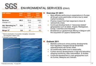 ENVIRONMENTAL SERVICES (ENVI)
 CHF million                    June          June     June                 Overview H1 2011
                                2011          2010     2010                      Most affiliates performing to expectations in Europe
                                                    2
                                           Pro-forma Published                    all though some patchiness remains due to weak
                                                                                  market conditions.
 Revenue                        140.2           121.4             136.5          Positive impact from fast response to dioxin &
 Change in %                                      15.5              2.7           radioactivity crises.
 Adj. Operating Inc. (1)         12.0            11.1              12.5          Continued developments in “resources-related”
 Change in %                                       8.1             (4.0)          geographies such as Qatar, Angola, Madagascar,
                                                                                  Congo, Colombia and Indonesia.
 Margin %1                         8.6             9.1              9.2          Broadened our geotechnical offering in Belgium with
(1)
                                                                                  the acquisition of Lippens Geotechniek.
    Before amortisation of acquisition intangibles, transaction
    and integration-related costs
(2)
    Constant currency basis


                                                                            Outlook 2011
                                                                                 Markets continue to show positive developments
                                                                                  from regulation changes though Brownfield
                                                                                  redevelopments will remain weak.
                                                                                 H2 traditionally better due to seasonality.
                                                                                 Further service developments in high-end laboratory,
                                                                                  shipping monitoring, data interpretation & studies.
                                                                                 Continued development in new geographies such
                                                                                  as Guinea, Malaysia and Vietnam.


Financial community – 15 July 2011                                                                                                       27
 