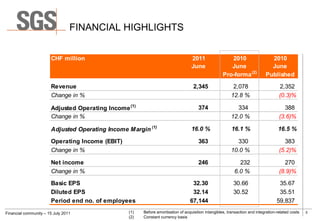 FINANCIAL HIGHLIGHTS


                       CHF million                                                2011                 2010                   2010
                                                                                  June                 June                   June
                                                                                                    Pro-forma (2)           Published

                       Revenue                                                     2,345                  2,078                      2,352
                       Change in %                                                                       12.8 %                     (0.3)%

                       Adjusted Operating Income (1)                                  374                   334                        388
                       Change in %                                                                       12.0 %                     (3.6)%

                       Adjusted Operating Income Margin (1)                       16.0 %                 16.1 %                    16.5 %

                       Operating Income (EBIT)                                        363                   330                        383
                       Change in %                                                                       10.0 %                     (5.2)%

                       Net income                                                     246                   232                        270
                       Change in %                                                                        6.0 %                     (8.9)%

                       Basic EPS                                                  32.30                   30.66                     35.67
                       Diluted EPS                                                32.14                   30.52                     35.51
                       Period end no. of employees                               67,144                                            59,837
Financial community – 15 July 2011               (1)   Before amortisation of acquisition intangibles, transaction and integration-related costs   5
                                                 (2)   Constant currency basis
 