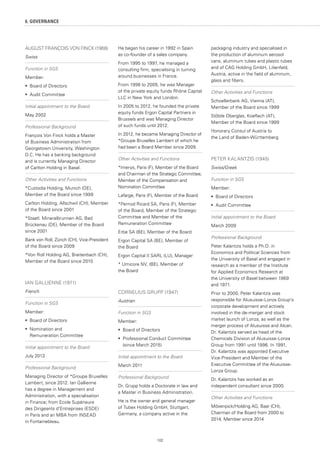102
AUGUST FRANÇOIS VON FINCK (1968)
Swiss
Function in SGS
Member:
•	 Board of Directors
•	 Audit Committee
Initial appointment to the Board
May 2002
Professional Background
François Von Finck holds a Master
of Business Administration from
Georgetown University, Washington
D.C. He has a banking background
and is currently Managing Director
of Carlton Holding in Basel.
Other Activities and Functions
*Custodia Holding, Munich (DE),
Member of the Board since 1999
Carlton Holding, Allschwil (CH), Member
of the Board since 2001
*Staatl. Mineralbrunnen AG, Bad
Brückenau (DE), Member of the Board
since 2001
Bank von Roll, Zürich (CH), Vice-President
of the Board since 2009
*Von Roll Holding AG, Breitenbach (CH),
Member of the Board since 2010
IAN GALLIENNE (1971)
French
Function in SGS
Member:
•	 	Board of Directors
•	 	Nomination and
Remuneration Committee
Initial appointment to the Board
July 2013
Professional Background
Managing Director of *Groupe Bruxelles
Lambert, since 2012. Ian Gallienne
has a degree in Management and
Administration, with a specialisation
in Finance; from Ecole Supérieure
des Dirigeants d'Entreprises (ESDE)
in Paris and an MBA from INSEAD
in Fontainebleau.
He began his career in 1992 in Spain
as co-founder of a sales company.
From 1995 to 1997, he managed a
consulting firm, specialising in turning
around businesses in France.
From 1998 to 2005, he was Manager
of the private equity funds Rhône Capital
LLC in New York and London.
In 2005 to 2012, he founded the private
equity funds Ergon Capital Partners in
Brussels and was Managing Director
of such funds until 2012.
In 2012, he became Managing Director of
*Groupe Bruxelles Lambert of which he
had been a Board Member since 2009.
Other Activities and Functions
*Imerys, Paris (F), Member of the Board
and Chairman of the Strategic Committee,
Member of the Compensation and
Nomination Committee
Lafarge, Paris (F), Member of the Board
*Pernod Ricard SA, Paris (F), Member
of the Board, Member of the Strategic
Committee and Member of the
Remuneration Committee
Erbe SA (BE), Member of the Board
Ergon Capital SA (BE), Member of
the Board
Ergon Capital II SARL (LU), Manager
* Umicore NV, (BE), Member of
the Board
CORNELIUS GRUPP (1947)
Austrian
Function in SGS
Member:
•	 Board of Directors
•	 Professional Conduct Committee
(since March 2015)
Initial appointment to the Board
March 2011
Professional Background
Dr. Grupp holds a Doctorate in law and
a Master in Business Administration.
He is the owner and general manager
of Tubex Holding GmbH, Stuttgart,
Germany, a company active in the
packaging industry and specialised in
the production of aluminum aerosol
cans, aluminum tubes and plastic tubes
and of CAG Holding GmbH, Lilienfeld,
Austria, active in the field of aluminum,
glass and fibers.
Other Activities and Functions
Schoellerbank AG, Vienna (AT),
Member of the Board since 1999
Stölzle Oberglas, Koeflach (AT),
Member of the Board since 1989
Honorary Consul of Austria to
the Land of Baden-Württemberg
PETER KALANTZIS (1945)
Swiss/Greek
Function in SGS
Member:
•	 	Board of Directors
•	 	Audit Committee
Initial appointment to the Board
March 2009
Professional Background
Peter Kalantzis holds a Ph.D. in
Economics and Political Sciences from
the University of Basel and engaged in
research as a member of the Institute
for Applied Economics Research at
the University of Basel between 1969
and 1971.
Prior to 2000, Peter Kalantzis was
responsible for Alusuisse-Lonza Group's
corporate development and actively
involved in the de-merger and stock
market launch of Lonza, as well as the
merger process of Alusuisse and Alcan.
Dr. Kalantzis served as head of the
Chemicals Division of Alusuisse-Lonza
Group from 1991 until 1996. In 1991,
Dr. Kalantzis was appointed Executive
Vice-President and Member of the
Executive Committee of the Alusuisse-
Lonza Group.
Dr. Kalantzis has worked as an
independent consultant since 2000.
Other Activities and Functions
Mövenpick/Holding AG, Baar (CH),
Chairman of the Board from 2000 to
2014, Member since 2014
6. GOVERNANCE
 