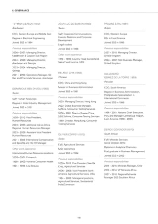 108
6. GOVERNANCE
TEYMUR ABASOV (1972)
Azerbaijani
COO, Eastern Europe and Middle East
Degree in Electrical Engineering
Joined SGS in 1994
Previous responsibilities
2006 – 2007: Managing Director,
Kazakhstan  Caspian Sub-Region
2004 – 2006: Managing Director,
Azerbaijan and Georgia
2003 – 2004: Managing Director,
Georgia
2001 – 2003: Operations Manager, Oil
Gas and Chemicals Services, Azerbaijan
DOMINIQUE BEN DHAOU (1965)
Swiss
SVP, Human Resources
Degree in Hotel Industry Management
Joined SGS in 2001
Previous responsibilities
2008 – 2010: Vice President,
Human Resources
2003 – 2005: additional role as Africa
Regional Human Resources Manager
2003 – 2008: Assistant Vice President
Human Resources
2001 – 2003: International Compensation
and Benefits and HQ HR Manager
Other work experience
International Human Resources positions:
2000 – 2001: Firmenich
1999 – 2000: Novartis Consumer Health
1991 – 1998: Levi Strauss
JEAN-LUC DE BUMAN (1953)
Swiss
SVP, Corporate Communications,
Investor Relations and Corporate
Development
Legal studies
Joined SGS in 1998
Other work experience
1978 – 1998: Country Head Switzerland,
Sales Fixed Income, UBS
HELMUT CHIK (1966)
Chinese
COO, China and Hong Kong
Master in Business Administration
Joined SGS in 1991
Previous responsibilities
2003: Managing Director, Hong Kong
2002: Global Business Manager,
Softline, Consumer Testing Services
2000 – 2001: Director Greater China,
SBU Softline, Consumer Testing Services
1999: Director, Hong Kong, Consumer
Testing Services
OLIVIER COPPEY (1972)
Swiss
EVP, Agricultural Services
MSc Economics
Joined SGS in 1994
Previous responsibilities
2009 – 2013: Vice President Seed 
Crop, Agricultural Services
2006 – 2008: Vice President North
America, Agricultural Services, USA
1994 – 2006: Managerial positions,
Agricultural Services, Switzerland/
India/Cameroon
PAULINE EARL (1961)
British
COO, Western Europe
BSc in Food Science
Joined SGS in 1995
Previous responsibilities
2007 – 2010: Managing Director,
United Kingdom
2004 – 2007: SSC Business Manager,
United Kingdom
ALEJANDRO
GOMEZ DE LA TORRE (1959)
Peruvian
COO, South America
Degree in Business Administration,
Postgraduate Specialisation in
International Commerce
Joined SGS in 1986
Previous responsibilities
1996 – 2001: National Chief Executive,
Peru and Manager Central Sub-Region,
Latin America (1998 – 2001)
DERICK GOVENDER (1970)
South African
EVP, Minerals Services
(since October 2015)
Diploma in Analytical Chemistry
Post graduate in Business Management
Joined SGS in 2002
Previous responsibilities
2014 – 2015: Minerals Manager, Chile
2010 – 2014: VP Minerals Africa
2007 – 2010: Regional Minerals
Manager SGS Southern Africa
 