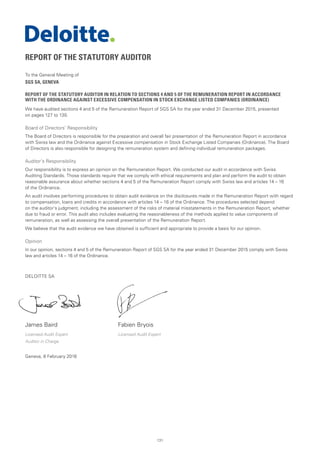 131
REPORT OF THE STATUTORY AUDITOR
To the General Meeting of
SGS SA, GENEVA
REPORT OF THE STATUTORY AUDITOR IN RELATION TO SECTIONS 4 AND 5 OF THE REMUNERATION REPORT IN ACCORDANCE
WITH THE ORDINANCE AGAINST EXCESSIVE COMPENSATION IN STOCK EXCHANGE LISTED COMPANIES (ORDINANCE)
We have audited sections 4 and 5 of the Remuneration Report of SGS SA for the year ended 31 December 2015, presented
on pages 127 to 130.
Board of Directors’ Responsibility
The Board of Directors is responsible for the preparation and overall fair presentation of the Remuneration Report in accordance
with Swiss law and the Ordinance against Excessive compensation in Stock Exchange Listed Companies (Ordinance). The Board
of Directors is also responsible for designing the remuneration system and defining individual remuneration packages.
Auditor’s Responsibility
Our responsibility is to express an opinion on the Remuneration Report. We conducted our audit in accordance with Swiss
Auditing Standards. Those standards require that we comply with ethical requirements and plan and perform the audit to obtain
reasonable assurance about whether sections 4 and 5 of the Remuneration Report comply with Swiss law and articles 14 – 16
of the Ordinance.
An audit involves performing procedures to obtain audit evidence on the disclosures made in the Remuneration Report with regard
to compensation, loans and credits in accordance with articles 14 – 16 of the Ordinance. The procedures selected depend
on the auditor’s judgment, including the assessment of the risks of material misstatements in the Remuneration Report, whether
due to fraud or error. This audit also includes evaluating the reasonableness of the methods applied to value components of
remuneration, as well as assessing the overall presentation of the Remuneration Report.
We believe that the audit evidence we have obtained is sufficient and appropriate to provide a basis for our opinion.
Opinion
In our opinion, sections 4 and 5 of the Remuneration Report of SGS SA for the year ended 31 December 2015 comply with Swiss
law and articles 14 – 16 of the Ordinance.
DELOITTE SA
James Baird	 Fabien Bryois
Licensed Audit Expert	 Licensed Audit Expert
Auditor in Charge
Geneva, 8 February 2016
 