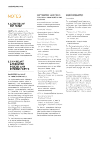 138
NOTES
1. ACTIVITIES OF
	 THE GROUP
SGS SA and its subsidiaries (the
“Group”) operate around the world under
the name SGS. The head office of the
Group is located in Geneva, Switzerland.
SGS is the global leader and innovator
in inspection, verification, testing
and certification services supporting
international trade in agriculture, minerals,
petroleum and consumer products. It also
provides these services to governments,
international institutions and to
customers engaged in the industrial,
environmental and life science sectors.
2. SIGNIFICANT
	ACCOUNTING
	 POLICIES AND
	 EXCHANGE RATES
BASIS OF PREPARATION OF
THE FINANCIAL STATEMENTS
The consolidated financial statements
of the Group are stated in millions of
Swiss Francs. They are prepared from
the financial statements of the individual
companies within the Group with all
significant companies having a year-end
of 31 December 2015. The consolidated
financial statements comply with the
accounting and reporting requirements
of the International Financial Reporting
Standards (IFRS) as issued by the
International Accounting Standards
Board (IASB).
The accounting conventions and
accounting policies are the same as
those applied in the 2014 consolidated
financial statements, except for the
Group’s adoption of new IFRS effective
1 January 2015.
The financial statements are prepared
on an accrual basis and under the
historical cost convention, modified
as required for the revaluation of certain
financial instruments.
ADOPTION OF NEW AND REVISED IN-
TERNATIONAL FINANCIAL REPORTING
STANDARDS
In the current year, the Group has
adopted the following Amendments,
Improvements and Interpretations:
Current year adoption
•	 Amendments to IAS 19: Defined
	 Benefit Plans - Employee
	Contributions
•	 Annual Improvements to IFRSs
Issued but not yet effective
•	 IFRS 9 Financial Instruments
	 (as revised in 2014)
•	 IFRS 15 Revenue from Contracts
	 with Customers
•	 IFRS 16 Leases
•	 Annual Improvements to IFRSs
•	 Amendments to IAS 16 and IAS 38:
	 Clarification of Acceptable Methods
	 of Depreciation and Amortisation
•	 Amendments to IAS 16 and IAS 41:
	 Agriculture: Bearer Plants
•	 Amendments to IFRS 10 and IAS 28:
	 Sale or Contribution of Assets
	 between an Investor and its Associate
	 or Joint Venture
•	 Amendments to IFRS 11:
	 Accounting for Acquisitions of
	 Interests in Joint Operations
•	 Amendments to IAS 27:
	 Equity Method in Separate
	 Financial Statements
•	 IFRS 14 Regulatory Deferral Accounts
•	 Amendments to IAS 1:
	 Disclosure Initiative
•	 Amendments to IFRS 10, IFRS 12
	 and IAS 28: Investment Entities:
	 Applying the Consolidation Exception
The directors are assessing the future
impacts resulting of the adoption of
these new Standards, Improvements,
Amendments and Interpretations on
the consolidated financial statements.
BASIS OF CONSOLIDATION
Subsidiaries
The consolidated financial statements
incorporate the financial statements of
the Company and the entities controlled
by the Group. Control is achieved when
the Group:
•	 has power over the investee;
•	 is exposed, or has right, to variable
	 return from its involvement with
	 the investee; and
•	 has the ability to use its power
	 to affect its return.
The Company reassesses whether or
not the Group controls an investee if
facts and circumstances indicate that
there are changes to one or more of the
three elements of control listed above.
Consolidation of a subsidiary begins
when the Group obtains control over
the subsidiary and ceases when the
Group loses control of the subsidiary.
The principal operating companies of the
Group are listed on pages 200 to 203.
Associates
Associates are entities over which the
Group has significant influence but no
control or joint control over the financial
and operating policies. The consolidated
financial statements include the Group’s
share of the earnings of associates on
an equity accounting basis from the date
that significant influence commences until
the date that significant influence ceases.
8. SGS GROUP RESULTS
 