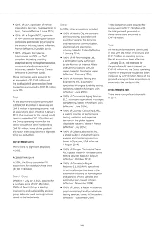 145145
• 100% of DLH, a provider of vehicle
inspections services, headquartered in
Lyon, France (effective 1 June 2015);
• 100% of Le Brigand NDT, a provider
of non-destructive testing services on
composite and metallic structures for
the aviation industry, based in Nantes,
France (effective 2 October 2015);
• 100% of Quality Compliance
Laboratories Inc (QCL), a GMP
compliant laboratory providing
analytical testing to the pharmaceutical,
nutraceutical and cosmeceutical
industries, based in Toronto, Canada
(effective 8 December 2015).
These companies were acquired for
an equivalent of CHF 46 million and
the total goodwill generated on these
transactions amounted to CHF 35 million
(note 20).
Total
All the above transactions contributed
in total CHF 45 million in revenues and
CHF 9 million in operating income. Had
all acquisitions been effective 1 January
2015, the revenues for the period would
have increased by CHF 110 million and
the Group operating income for the
period would have been increased by
CHF 16 million. None of the goodwill
arising on these acquisitions is expected
to be tax deductible.
DIVESTMENTS 2015
There were no significant disposals
in 2015.
ACQUISITIONS 2014
In 2014, the Group completed 10
acquisitions for a total purchase price
of CHF 119 million.
Search Group
Effective 1 July 2014, SGS acquired for
a purchase price of CHF 45 million,
100% of Search Group, a leading
engineering and sustainability advisory
group, laboratory and training institute,
based in the Netherlands.
Other
In 2014, other acquisitions included:
•	 100% of Nemko Oy, the company
provides testing, calibration and
expert services to the domestic
and international communication,
electronical and electronics
industry, based in Finland (effective
1 January 2014);
•	 100% of RF Technologies Ltd.,
a certification body authorised
by the Ministry of Internal Affairs
and Communications (MIC) of
Japan, based in Yokohama, Japan
(effective 1 February 2014);
•	 100% of Advanced Testing and
Engineering Inc., a company
specialised in fatigue durability testing
laboratory, based in Michigan, USA
(effective 1 June 2014);
•	 100% of Commercial Aging Services
LLC, a company specialised in catalyst
aging testing, based in Michigan, USA
(effective 1 June 2014);
•	 100% of Courtray Consulting SARL,
a leading provider of performance
testing, validation and expertise
services in the global hygiene
disposable industry, based in France
(effective 1 July 2014);
•	 100% of Galson Laboratories Inc.,
a global leader in industrial hygiene
analysis and monitoring solutions,
based in Syracuse, USA (effective
1 August 2014);
•	 100% of Röntgen Technische Dienst
NV, a global leader in non-destructive
testing services based in Belgium
(effective 1 October 2014);
•	 100% of Gonzalo de Miguel
Redondo S.L.U (GMR), specialised
in technical support services to the
automotive industry for homologation
and approval of new vehicles and
automotive part, based in Spain
(effective 1 November 2014);
•	 100% of Labtox, a leader in asbestos,
polychlorobipheryl and formaldehyde
testing services, based in Switzerland
(effective 11 December 2014).
These companies were acquired for
an equivalent of CHF 74 million and
the total goodwill generated on
these transactions amounted to
CHF 48 million.
Total
All the above transactions contributed
in total CHF 36 million in revenues and
CHF 7 million in operating income.
Had all acquisitions been effective
1 January 2014, the revenues for
the period would have increased by
CHF 43 million and the Group operating
income for the period would have been
increased by CHF 8 million. None of the
goodwill arising on these acquisitions is
expected to be tax deductible.
DIVESTMENTS 2014
There were no significant disposals
in 2014.
 