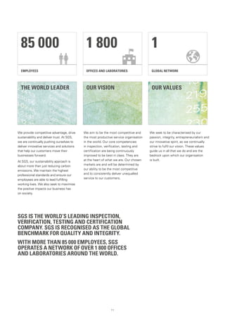 11
THE WORLD LEADER OUR VISION OUR VALUES
We provide competitive advantage, drive
sustainability and deliver trust. At SGS,
we are continually pushing ourselves to
deliver innovative services and solutions
that help our customers move their
businesses forward.
At SGS, our sustainability approach is
about more than just reducing carbon
emissions. We maintain the highest
professional standards and ensure our
employees are able to lead fulfilling
working lives. We also seek to maximise
the positive impacts our business has
on society.
We aim to be the most competitive and
the most productive service organisation
in the world. Our core competencies
in inspection, verification, testing and
certification are being continuously
improved to be best in class. They are
at the heart of what we are. Our chosen
markets are and will be determined by
our ability to be the most competitive
and to consistently deliver unequalled
service to our customers.
We seek to be characterised by our
passion, integrity, entrepreneurialism and
our innovative spirit, as we continually
strive to fulfil our vision. These values
guide us in all that we do and are the
bedrock upon which our organisation
is built.
EMPLOYEES OFFICES AND LABORATORIES GLOBAL NETWORK
85 000 1 800 1
SGS IS THE WORLD’S LEADING INSPECTION,
VERIFICATION, TESTING AND CERTIFICATION
COMPANY. SGS IS RECOGNISED AS THE GLOBAL
BENCHMARK FOR QUALITY AND INTEGRITY.
WITH MORE THAN 85 000 EMPLOYEES, SGS
OPERATES A NETWORK OF OVER 1 800 OFFICES
AND LABORATORIES AROUND THE WORLD.
 