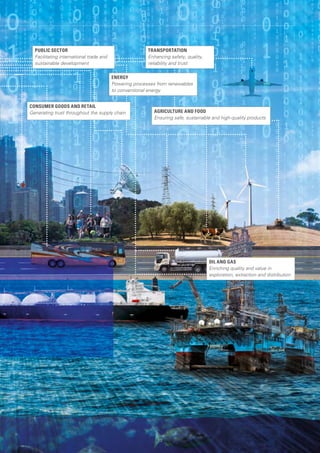 13
PUBLIC SECTOR
Facilitating international trade and
sustainable development
OIL AND GAS
Enriching quality and value in
exploration, extraction and distribution
ENERGY
Powering processes from renewables
to conventional energy
CONSUMER GOODS AND RETAIL
Generating trust throughout the supply chain
TRANSPORTATION
Enhancing safety, quality,
reliability and trust
AGRICULTURE AND FOOD
Ensuring safe, sustainable and high-quality products
13
 