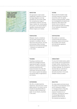17
TESTING
We provide the broadest range
of product testing to customers
around the world. Our global
network of testing facilities, staffed
by knowledgeable and experienced
personnel, helps reduce risks,
shorten time to market and
demonstrate the quality and safety
of raw materials, components
and products.
CERTIFICATION
We enable our customers
to demonstrate that products,
processes, systems and services
are compliant with national
and international regulations
and standards.
CONSULTANCY
To ensure full market access, goods
must comply with the requirements
of target markets. Identifying those
requirements and meeting them is a
complex challenge. Our consultancy
services help our customers to
understand and meet market
demands anywhere in the world,
whatever industry or sector.
TRAINING
Providing a workforce with
skills and knowledge enhances
organisational agility, maximises
efficiency, motivates employees,
improves productivity and
boosts the bottom line. We offer
world-class training and courses
from industry experts that address
the precise needs of organisations
and industry.
INSPECTION
All organisations need trusted
independent inspection to ensure
that legal obligations and high
standards are met at every stage.
Our comprehensive range of
world-leading inspection services
helps to reduce risk, control quality
and quantity, and meet all relevant
regulatory requirements across
different regions and markets.
VERIFICATION
Whatever industry, compliance
with the latest regulations and
standards is mandatory. We can
help ensure that products, services
and processes follow the latest
national and international standards
– wherever our customers are
in the world.
OUTSOURCING
We offer unrivalled expertise,
experience, resources and a unique
global network. As a result, we can
provide the specialised skills our
customers need to achieve their
goals, for any industry, anywhere
in the world.
ANALYTICS
Our data analytics services ensure
the quality of automated data inputs
and its subsequent analysis.
In managing streams of big data,
we are able to subsequently
propose innovations to our
customers, including the creation
of cutting-edge predictive
operations tools across all
the industries we operate in.
THE EXPERT
SERVICES
WE OFFER
 