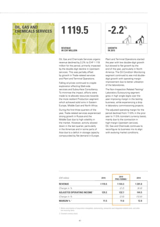 41
REVENUE
IN CHF MILLION
1 119.5
GROWTH
IN 2015
-2.2%
20152014
Oil, Gas and Chemicals Services organic
revenue declined by 2.2% to CHF 1 119
million for the period, primarily impacted
by the double-digit decline in Upstream
services. This was partially offset
by growth in Trade-related services
and Plant and Terminal Operations.
Falling oil prices continued to cripple
exploration affecting Well-side
services and Subsurface Consultancy.
To minimise the impact, efforts were
made to re-allocate resources towards
the more resilient Production segment
which achieved solid wins in Eastern
Europe, Middle East and North Africa.
During the first three quarters of the
year, Trade-related services experienced
strong growth in Russia and the
Middle East due to high volatility in
the market. However, activity slowed
down in the last quarter, particularly
in the Americas and in some parts of
Asia due to a deficit in storage capacity
compounded by flat demand in Europe.
Plant and Terminal Operations started
the year with low double-digit growth
but slowed to flat growth by the
end of the year, particularly in North
America. The Oil Condition Monitoring
segment continued to see mid double-
digit growth with operating margin
improvement due to better utilisation
of the laboratories.
The Non-Inspection Related Testing/
Laboratory Outsourcing segment
grew in high single-digits over the
year improving margin in the testing
business, while experiencing a drop
in laboratory commissioning projects.
The adjusted operating margin for the
period declined from 11.6% in the prior
year to 11.5% (constant currency basis),
mainly due to the contraction in
high-margin Upstream services.
Oil, Gas and Chemicals continues to
reconfigure its business mix to align
with evolving market conditions.
1. Before amortisation of acquisition intangibles, restructuring, transaction and integration-related costs, and other
non-recurring items.
2. Constant currency basis.
(CHF million) 2015
2014
PRO-FORMA 2 2014
REVENUE 1 119.5 1 144.3 1 201.0
Change in % (2.2) (6.8)
ADJUSTED OPERATING INCOME 1
129.2 132.7 144.5
Change in % (2.6) (10.6)
MARGIN % 1
11.5 11.6 12.0
OIL, GAS AND
CHEMICALS SERVICES
 