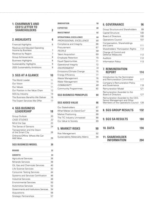 1. CHAIRMAN’S AND			
CEO’S LETTER TO			
SHAREHOLDERS 2
2. HIGHLIGHTS 4
Financial Highlights 6
Revenue and Adjusted Operating
Income by Business 7
Revenue by Region 7
Group Achievements 8
Business Highlights	 8
Sustainability Highlights 9
2020 Sustainability Ambitions 9
3. SGS AT A GLANCE 10
The World Leader 11
Our Vision 11
Our Values 11
Our Position in the Value Chain 12
SGS by Industry 14
The Business Benefits We Deliver 16
The Expert Services We Offer 17
4. SGS BUSINESS	
LEADERSHIP 18
Group Outlook 20
CASE STUDIES 22
Mind the Gap 22
The Sense of Sensors 24
Transportation and the Dawn
of the Smart City 26
Online-to-Offline: Where We Can
Add Value 28
SGS BUSINESS MODEL 30
BRAND 32
GROWTH 34
Agricultural Services 36
Minerals Services 38
Oil, Gas and Chemicals Services 40
Life Science Services  42
Consumer Testing Services 44
Systems and Services Certification 46
Industrial Services 48
Environmental Services 50
Automotive Services 52
Governments and Institutions Services 54
Acquisitions 56
Strategic Partnerships 57
INNOVATION 58
EXPERTISE 60
INVESTMENT 62
OPERATIONAL EXCELLENCE 64
PROFESSIONAL EXCELLENCE 65
Compliance and Integrity 66
Procurement 67
PEOPLE 68
Talent Acquisition 69
Employee Retention 70
Equal Opportunities 71
Operational Integrity 72
ENVIRONMENT 74
Emissions / Climate Change 75
Energy Efficiency 77
Waste Management 78
Water Management 79
COMMUNITY 80
Community Programmes 82
SGS BUSINESS PRINCIPLES 84
SGS ADDED VALUE 86
Our Stakeholders 87
What Makes Us Stand Out? 88
Market Positioning 88
The TIC Industry Unmasked 88
Our Value to Society 89
5.	 MARKET RISKS 90
Risk Management 92
Sustainability Materiality Matrix 94
6. GOVERNANCE 96
Group Structure and Shareholders 99
Capital Structure 100
Board of Directors 100
Operations Council 107
Compensation, Shareholdings 
and Loans 111
Shareholders’ Participation Rights 112
Change of Control and
Defence Measures 112
Auditors 112
Information Policy 113
7. REMUNERATION	
REPORT 114
Introduction by the Nomination
and Remuneration Committee 117
Company’s Remuneration Policy
and Governance 118
Remuneration Model 121
Remuneration Awarded to the
Board of Directors 127
Remuneration Awarded to the CEO,
Senior Management and Other
Members of the Operations Council 128
8. SGS GROUP RESULTS 132
9. SGS SA RESULTS 184
10. DATA 194
11. SHAREHOLDER	
INFORMATION 204
 