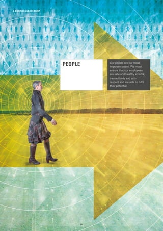 PEOPLE Our people are our most
important asset. We must
ensure that our employees
are safe and healthy at work,
treated fairly and with
respect and are able to fulfil
their potential.
4. BUSINESS LEADERSHIP
68
 