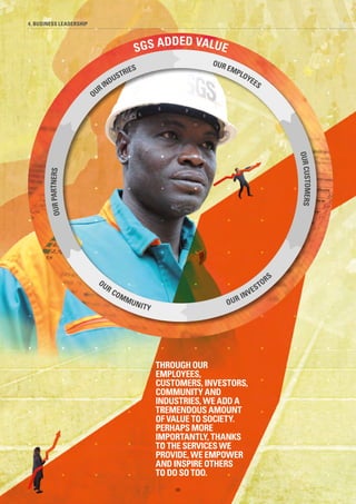 4. BUSINESS LEADERSHIP
THROUGH OUR
EMPLOYEES,
CUSTOMERS, INVESTORS,
COMMUNITY AND
INDUSTRIES, WE ADD A
TREMENDOUS AMOUNT
OF VALUE TO SOCIETY.
PERHAPS MORE
IMPORTANTLY, THANKS
TO THE SERVICES WE
PROVIDE, WE EMPOWER
AND INSPIRE OTHERS
TO DO SO TOO.
SGS ADDED VALUE
OURINDUSTRIES
OURPARTNERS
OUR COMMUNITY
OUR INVESTOR
S
OURCUSTOMERS
OUR EMPLOYEES
86
 