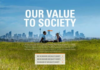 OUR VALUE
TO SOCIETY
WHY WE MEASURE OUR VALUE TO SOCIETY 30
HOW WE MEASURE OUR VALUE TO SOCIETY 31
THE MEASURE OF OUR VALU...