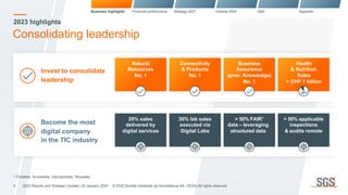 2023 highlights
Consolidating leadership
1 Findable, Accessible, Interoperable, Reusable
Invest to consolidate
leadership
Become the most
digital company
in the TIC industry
Natural
Resources
No. 1
20% sales
delivered by
digital services
Connectivity
& Products
No. 1
30% lab sales
executed via
Digital Labs
Business
Assurance
(prev. Knowledge)
No. 1
> 50% FAIR1
data – leveraging
structured data
Health
& Nutrition
Sales
> CHF 1 billion
> 50% applicable
inspections
& audits remote
Business highlights Financial performance Strategy 2027 Outlook 2024 Q&A Appendix
~90%
4 2023 Results and Strategic Update | 26 January 2024 © SGS Société Générale de Surveillance SA. (2024) All rights reserved.
 