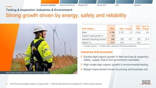 Testing & Inspection: Industries & Environment
Strong growth driven by energy, safety and reliability
Industries & Environment
Double-digit organic growth in field services & inspection,
safety, supply chains and government mandates
High single-digit organic growth in environmental testing
Margin improvement driven by pricing and business mix
Wind turbine inspection, Industries & Environment, Belgium
Business highlights Financial performance Strategy 2027 Outlook 2024 Q&A Appendix
1. Constant currency
(CHF million) 2023 2022
%
change
CCY1
2022
CCY1
%
change
Sales 2 190 2 157 1.5 2 010 9.0
Organic2
sales growth % 9.5
Adjusted Operating Income2
248 224 10.7 205 21.0
Margin2 % 11.3 10.4 10.2
2. Please refer to Alternative Performance Measures
6 2023 Results and Strategic Update | 26 January 2024 © SGS Société Générale de Surveillance SA. (2024) All rights reserved.
 