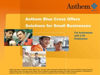Health care plans provided by Anthem Blue Cross. Insurance plans provided by Anthem Blue Cross Life and Health Insurance Company. Anthem Blue Cross is the trade name of Blue Cross of California. Independent licensees of the Blue Cross Association. ® ANTHEM is a registered trademark. ® The Blue Cross name and symbol are registered marks of the Blue Cross Association. Anthem Blue Cross Offers Solutions for Small Businesses   For businesses with 2-50 Employees 