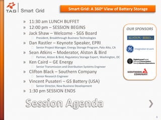 Smart Grid: A 360oView of Battery Storage11:30 am LUNCH BUFFET12:00 pm – SESSION BEGINSJack Shaw – Welcome - SGS BoardPresident, Breakthrough Business TechnologiesDan Rastler – Keynote Speaker, EPRISenior Project Manager, Energy Storage Program, Palo Alto, CASean Atkins – Moderator, Alston & BirdPartner, Alston & Bird, Regulatory Storage Expert, Washington, DCKen Caird – GE EnergySenior Transmission and Distribution Systems EngineerClifton Black – Southern CompanySenior Research EngineerVincent Pusateri – GS Battery (USA)Senior Director, New Business Development1:30 pm SESSION ENDSOUR SPONSORSSession Agenda