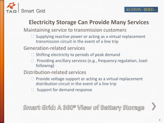 Electricity Storage Can Provide Many ServicesMaintaining service to transmission customersSupplying reactive power or acting as a virtual replacement transmission circuit in the event of a line trip Generation-related servicesShifting electricity to periods of peak demand Providing ancillary services (e.g., frequency regulation, load-following)Distribution-related servicesProvide voltage support or acting as a virtual replacement distribution circuit in the event of a line trip Support for demand response Smart Grid: A 360o View of Battery Storage