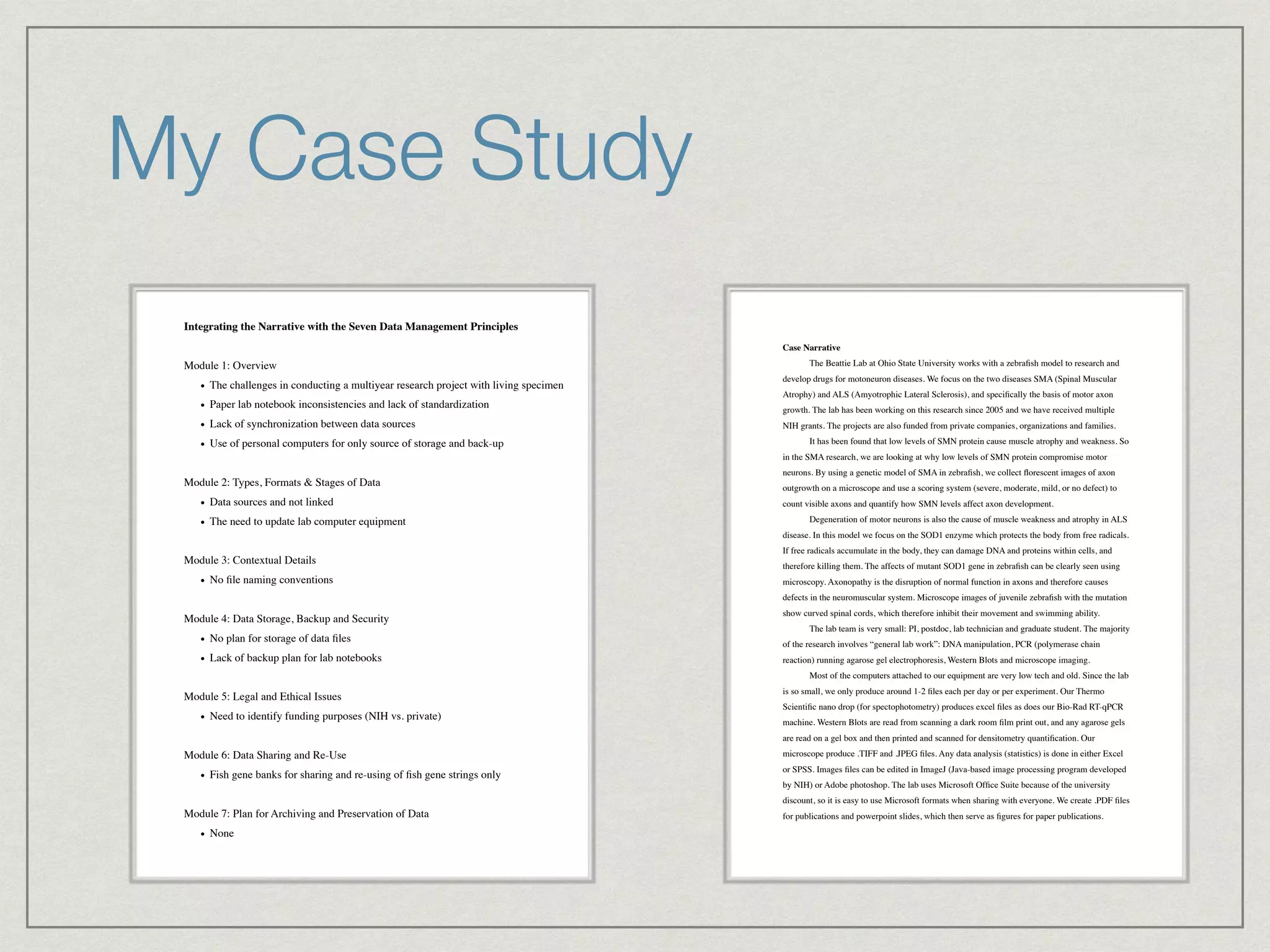 My Case Study
Integrating the Narrative with the Seven Data Management Principles!
!
Module 1: Overview!
• The challenges in conducting a multiyear research project with living specimen!
• Paper lab notebook inconsistencies and lack of standardization!
• Lack of synchronization between data sources!
• Use of personal computers for only source of storage and back-up!
!
Module 2: Types, Formats & Stages of Data!
• Data sources and not linked!
• The need to update lab computer equipment!
!
Module 3: Contextual Details!
• No ﬁle naming conventions!
!
Module 4: Data Storage, Backup and Security!
• No plan for storage of data ﬁles!
• Lack of backup plan for lab notebooks!
!
Module 5: Legal and Ethical Issues!
• Need to identify funding purposes (NIH vs. private)!
!
Module 6: Data Sharing and Re-Use!
• Fish gene banks for sharing and re-using of ﬁsh gene strings only!
!
Module 7: Plan for Archiving and Preservation of Data!
• None!
!
Case Narrative !
! The Beattie Lab at Ohio State University works with a zebraﬁsh model to research and
develop drugs for motoneuron diseases. We focus on the two diseases SMA (Spinal Muscular
Atrophy) and ALS (Amyotrophic Lateral Sclerosis), and speciﬁcally the basis of motor axon
growth. The lab has been working on this research since 2005 and we have received multiple
NIH grants. The projects are also funded from private companies, organizations and families. !
! It has been found that low levels of SMN protein cause muscle atrophy and weakness. So
in the SMA research, we are looking at why low levels of SMN protein compromise motor
neurons. By using a genetic model of SMA in zebraﬁsh, we collect ﬂorescent images of axon
outgrowth on a microscope and use a scoring system (severe, moderate, mild, or no defect) to
count visible axons and quantify how SMN levels affect axon development.!
! Degeneration of motor neurons is also the cause of muscle weakness and atrophy in ALS
disease. In this model we focus on the SOD1 enzyme which protects the body from free radicals.
If free radicals accumulate in the body, they can damage DNA and proteins within cells, and
therefore killing them. The affects of mutant SOD1 gene in zebraﬁsh can be clearly seen using
microscopy. Axonopathy is the disruption of normal function in axons and therefore causes
defects in the neuromuscular system. Microscope images of juvenile zebraﬁsh with the mutation
show curved spinal cords, which therefore inhibit their movement and swimming ability.!
! The lab team is very small: PI, postdoc, lab technician and graduate student. The majority
of the research involves “general lab work”: DNA manipulation, PCR (polymerase chain
reaction) running agarose gel electrophoresis, Western Blots and microscope imaging.!
! Most of the computers attached to our equipment are very low tech and old. Since the lab
is so small, we only produce around 1-2 ﬁles each per day or per experiment. Our Thermo
Scientiﬁc nano drop (for spectophotometry) produces excel ﬁles as does our Bio-Rad RT-qPCR
machine. Western Blots are read from scanning a dark room ﬁlm print out, and any agarose gels
are read on a gel box and then printed and scanned for densitometry quantiﬁcation. Our
microscope produce .TIFF and .JPEG ﬁles. Any data analysis (statistics) is done in either Excel
or SPSS. Images ﬁles can be edited in ImageJ (Java-based image processing program developed
by NIH) or Adobe photoshop. The lab uses Microsoft Ofﬁce Suite because of the university
discount, so it is easy to use Microsoft formats when sharing with everyone. We create .PDF ﬁles
for publications and powerpoint slides, which then serve as ﬁgures for paper publications.!
 